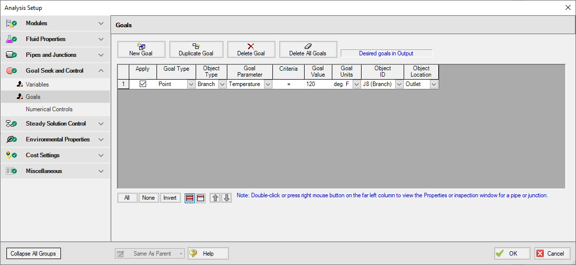 The Goals tab of the Goal Seek and Control Manager with a goal defined.